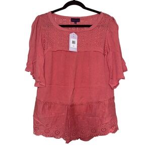 ARTESIA Sunset Coral Eyelet Lace Short Sleeve Tunic Top Women's Size S‎